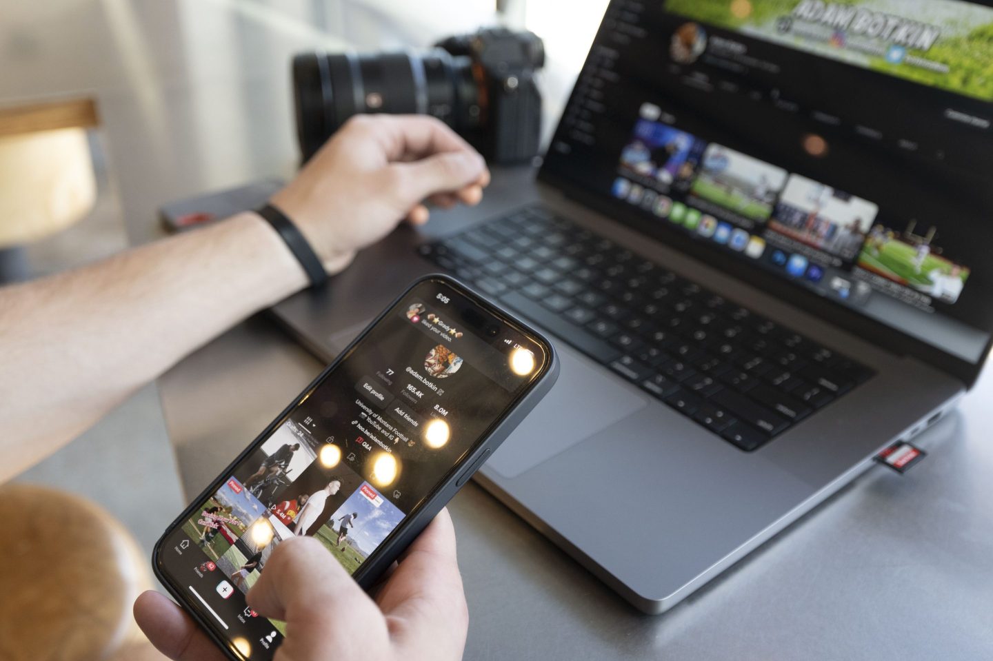 Adam Botkin, a football TikTok influencer, edits a video for a post at a Chipotle Mexican Grill, on May 3, 2023, in Missoula, Mont.