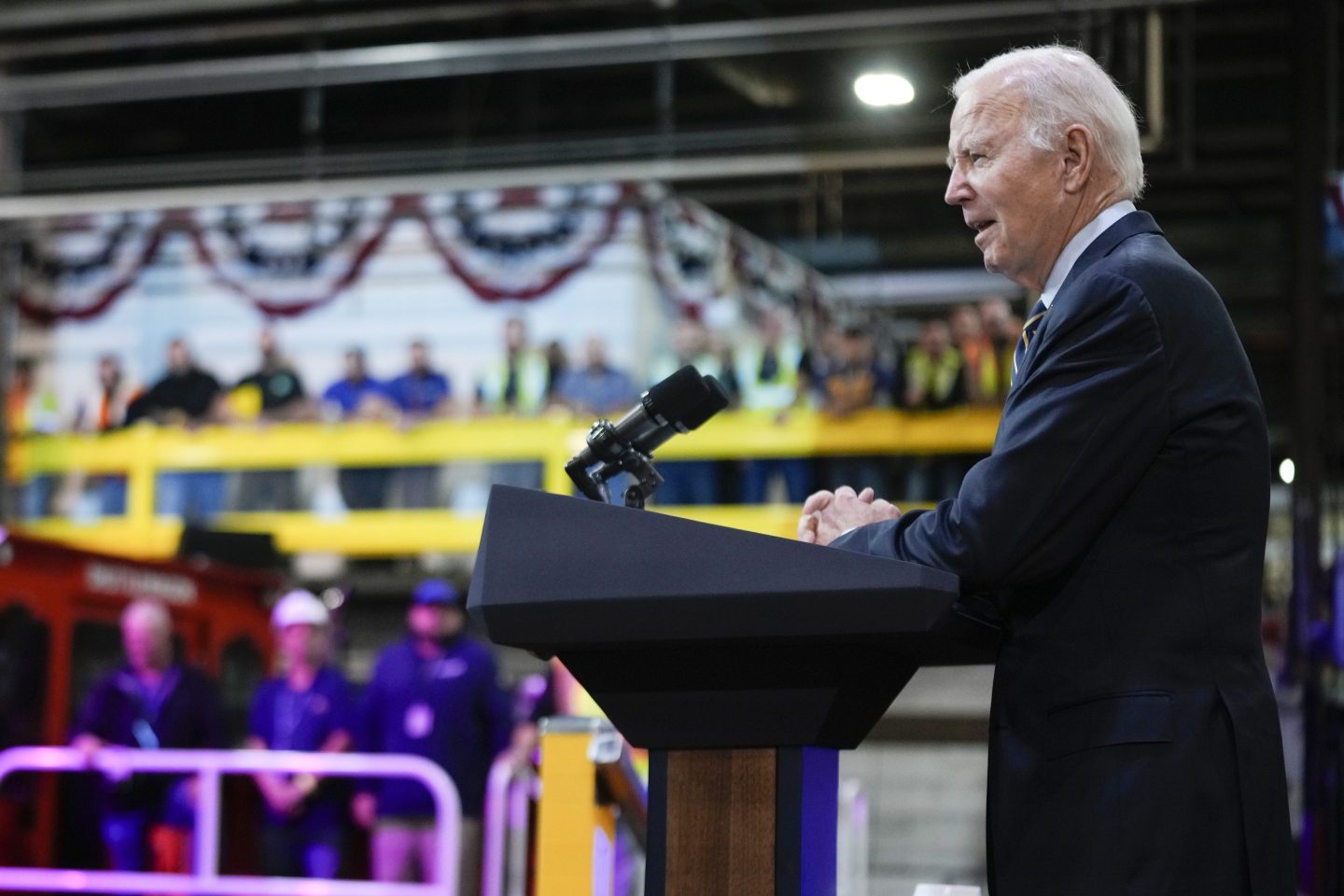 President Joe Biden speaks at the Amtrak Bear Maintenance Facility, on Nov. 6, 2023, in Bear, Del.