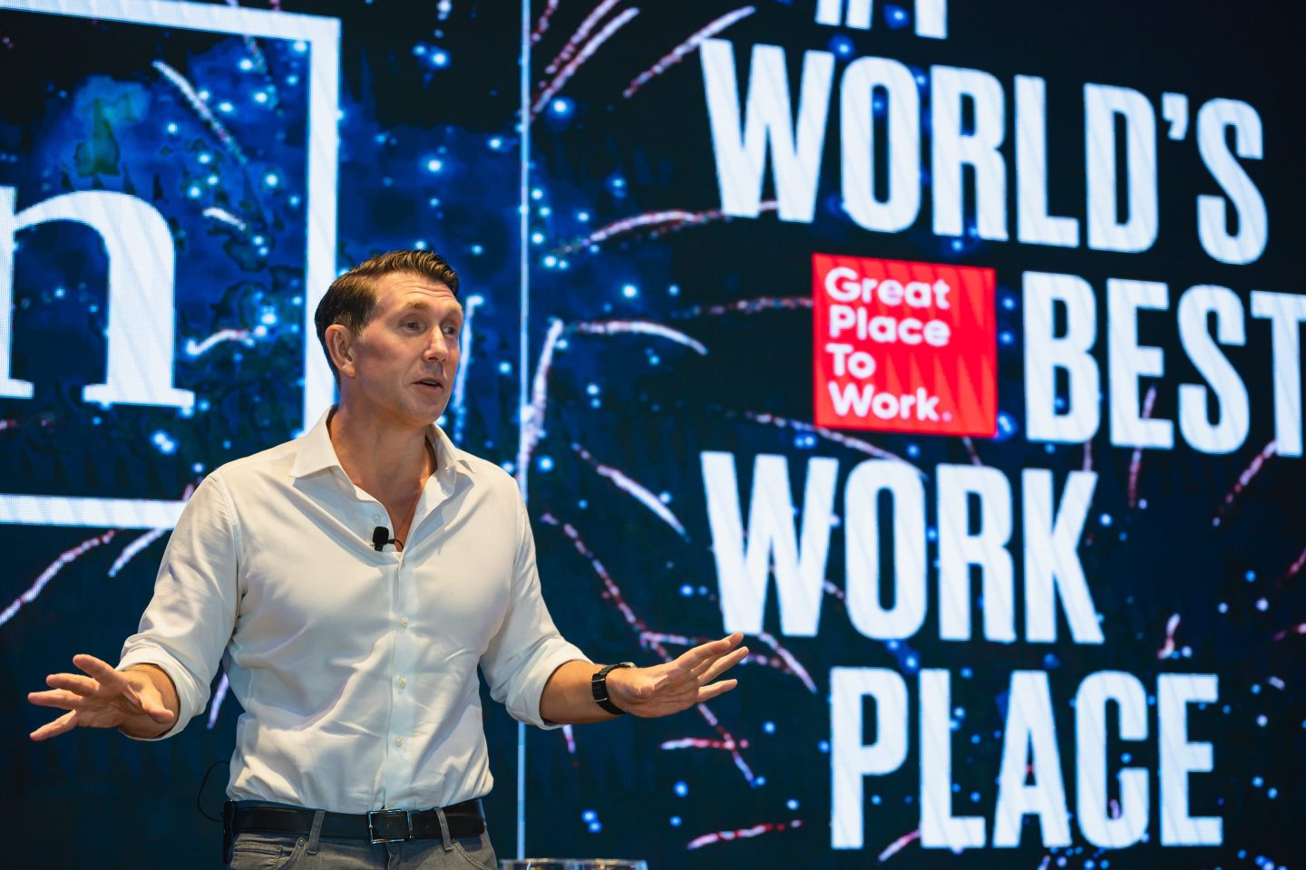 Alan Watts, president of Asia-Pacific at Hilton, at a company luncheon in Singapore celebrating Hilton’s award as the World’s Best Workplace.