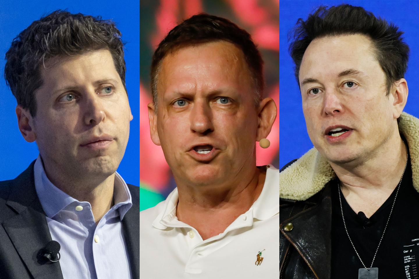 Photos of (left to right): Sam Altman, Peter Thiel, and Elon Musk