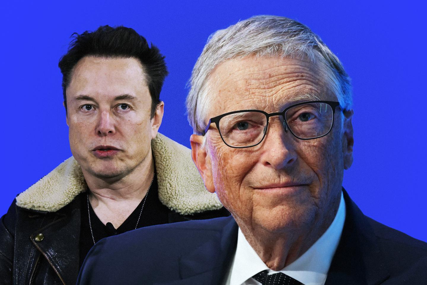 Silhouettes of Elon Musk and Bill Gates on a blue background.