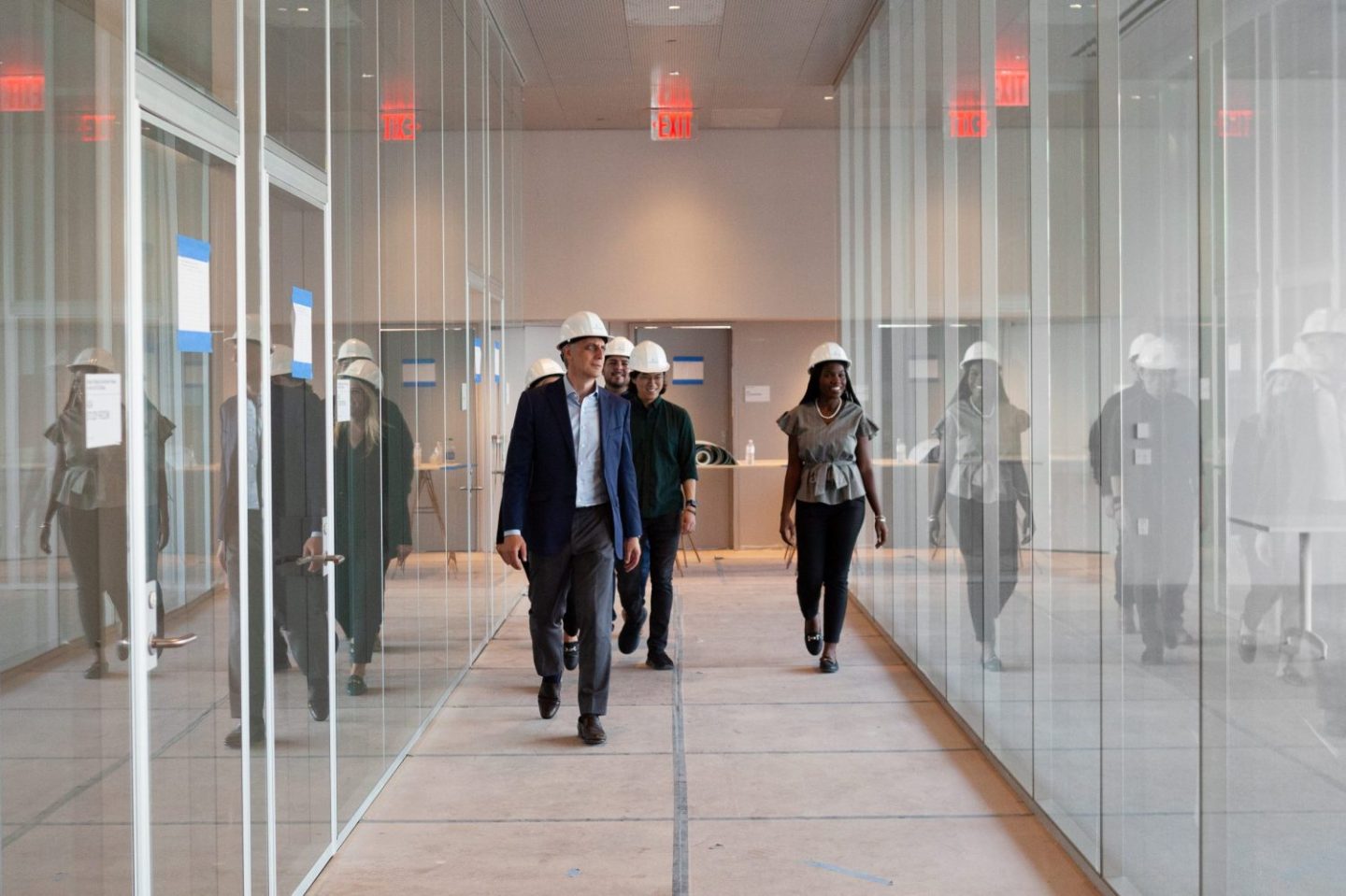 Columbia Business School dean Costis Maglaras tours the business school’s new David Geffen and Henry R. Kravis halls, which will open in January 2022 in New York City’s West Harlem neighborhood. (Courtesy Columbia Business School)