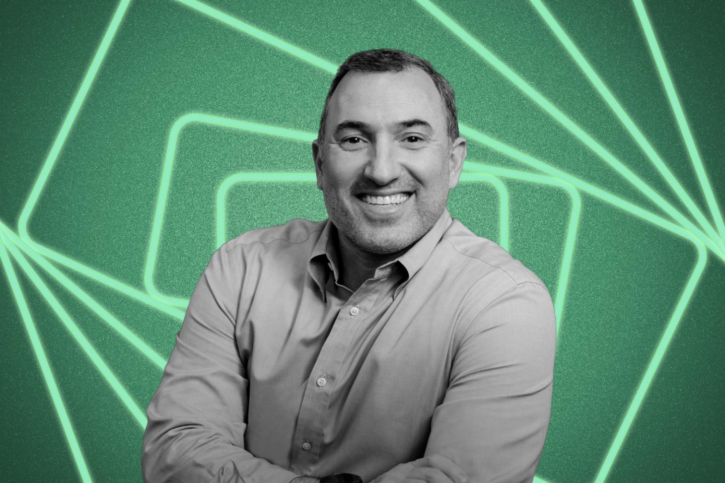 Chegg COO Nathan Schultz over a green background with a pattern of bright green rectangles.