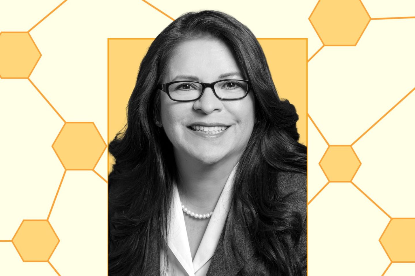 Photo of Laura Quintana, Cisco VP and GM of the Network Academy, over a background of yellow hexagons and lines connecting them.
