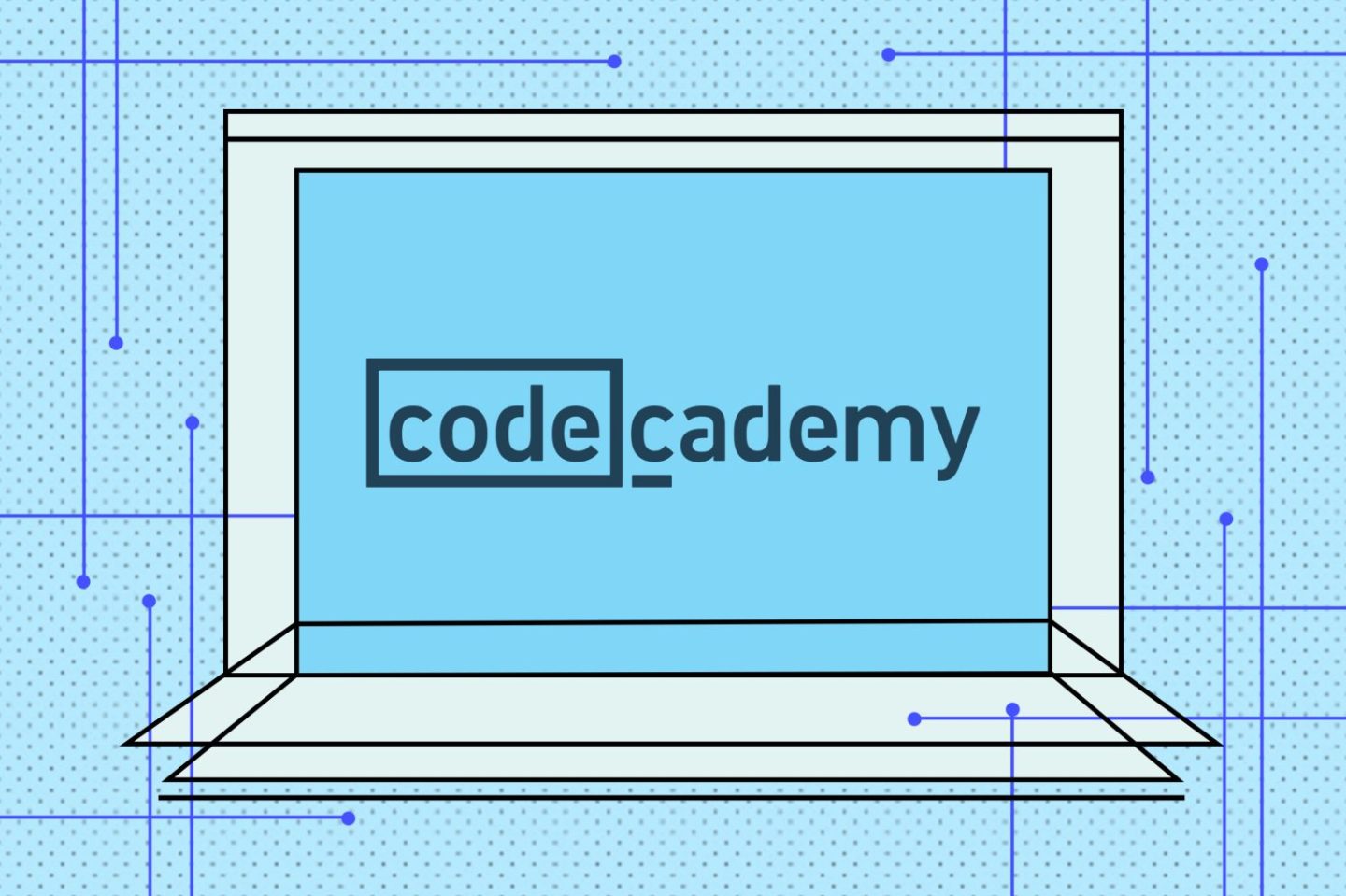 Vector illustration of a laptop surrounded by dots and lines with the Codecademy logo in the center.