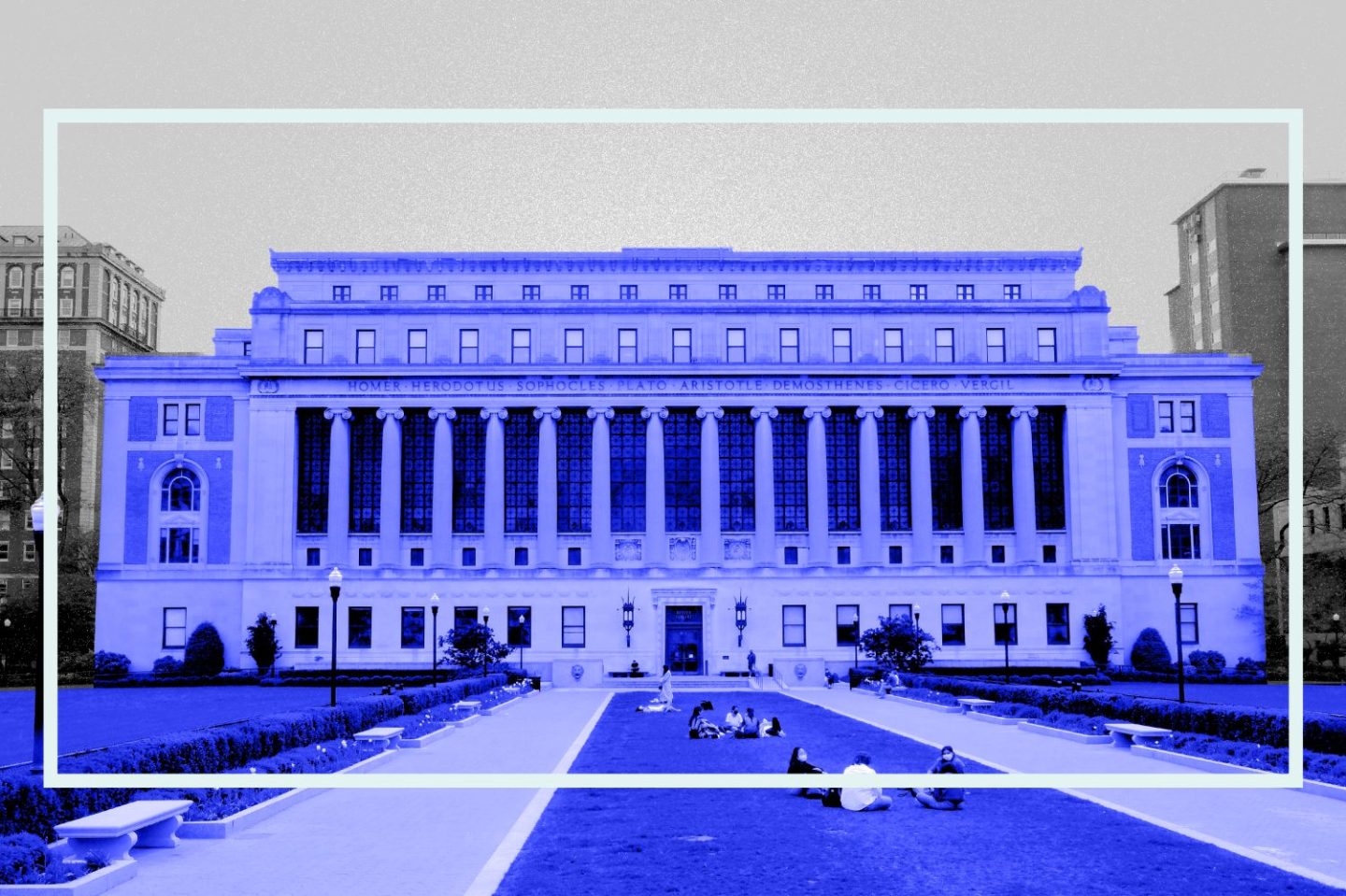 Photo illustration of Columbia University's campus highlighted in blue and surrounded by a light blue frame.