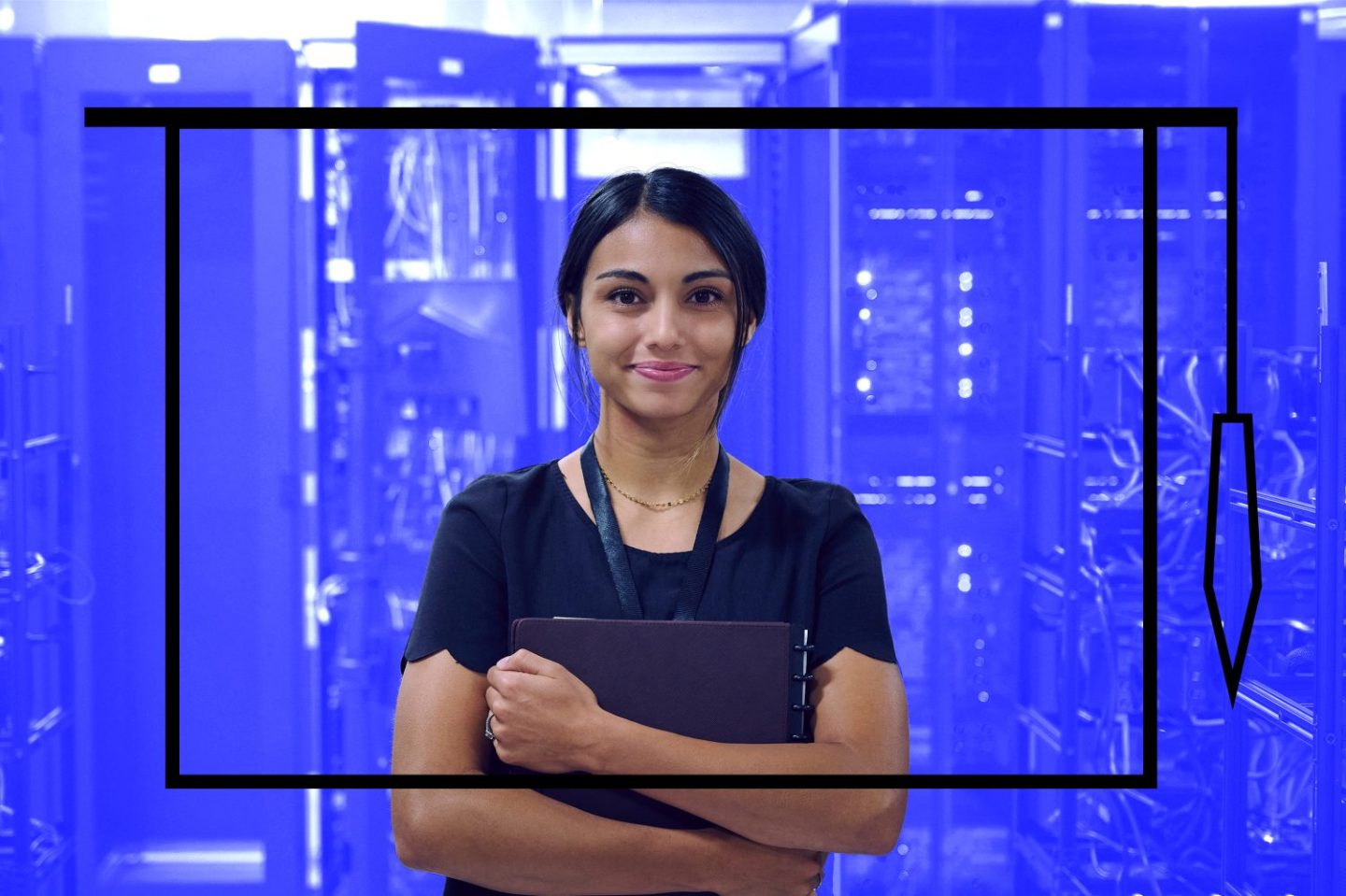 Photo of a woman in front of tech equipment and framed by a graduation cap icon.