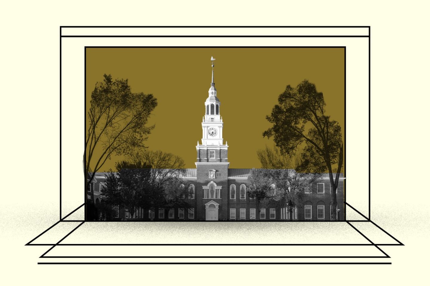 Photo illustration of a building on Dartmouth's campus inside the icon of a laptop.