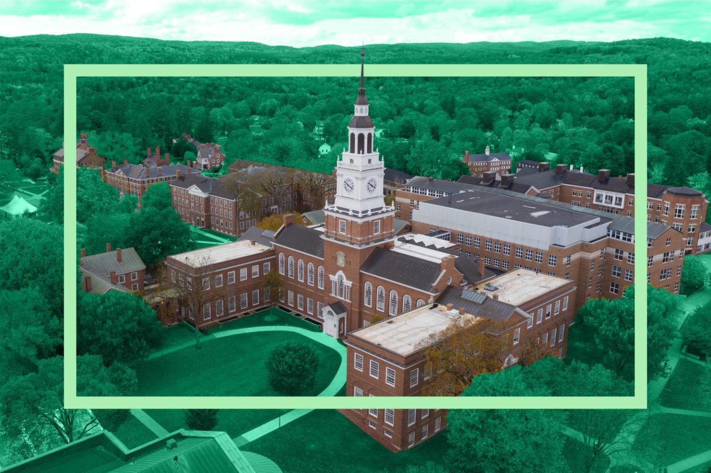 Photo of Dartmouth campus with a green overlay and light green frame.