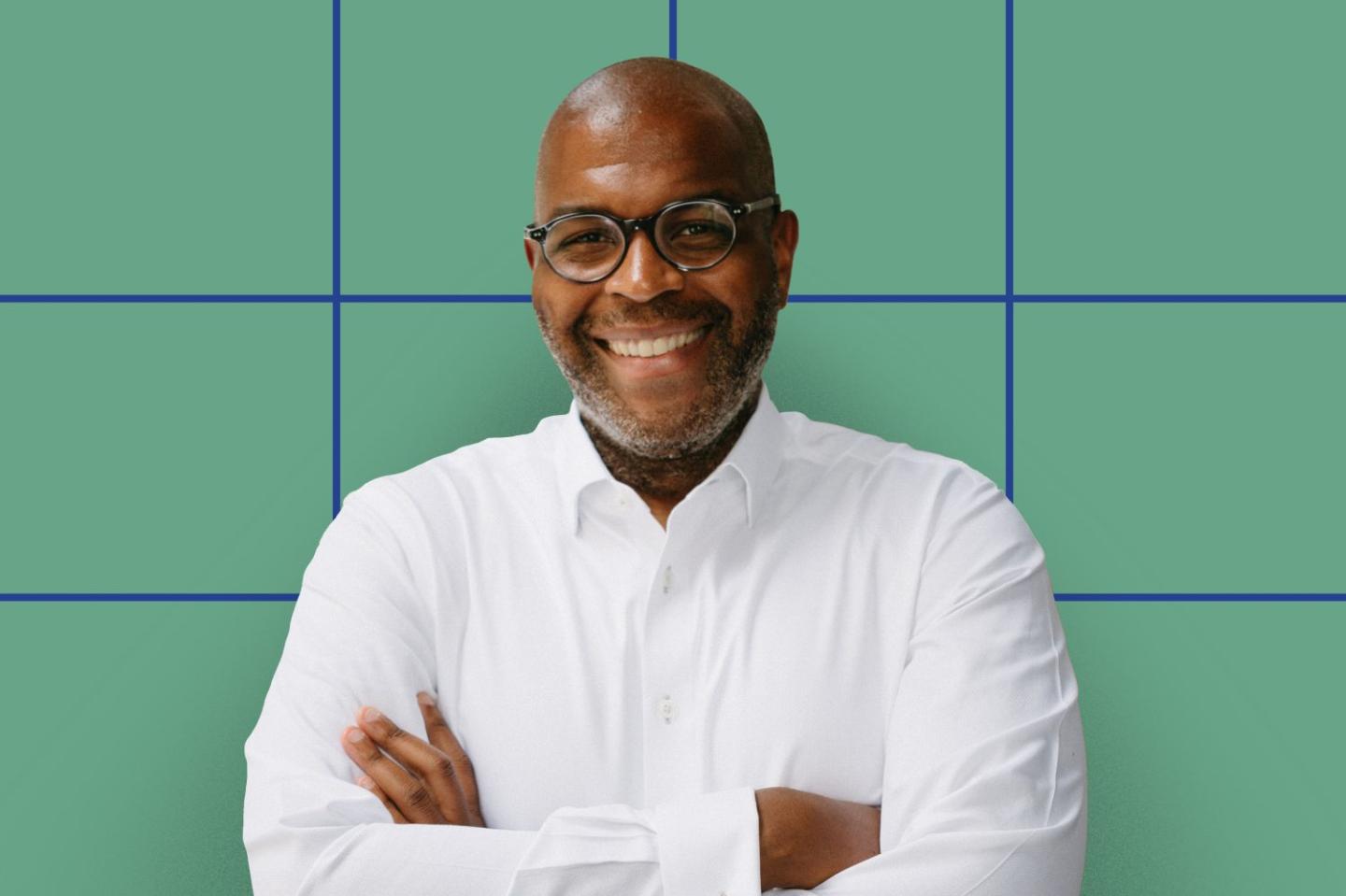 Photo of Kwasi Mitchell, Deloitte's CPO over a green grid background.