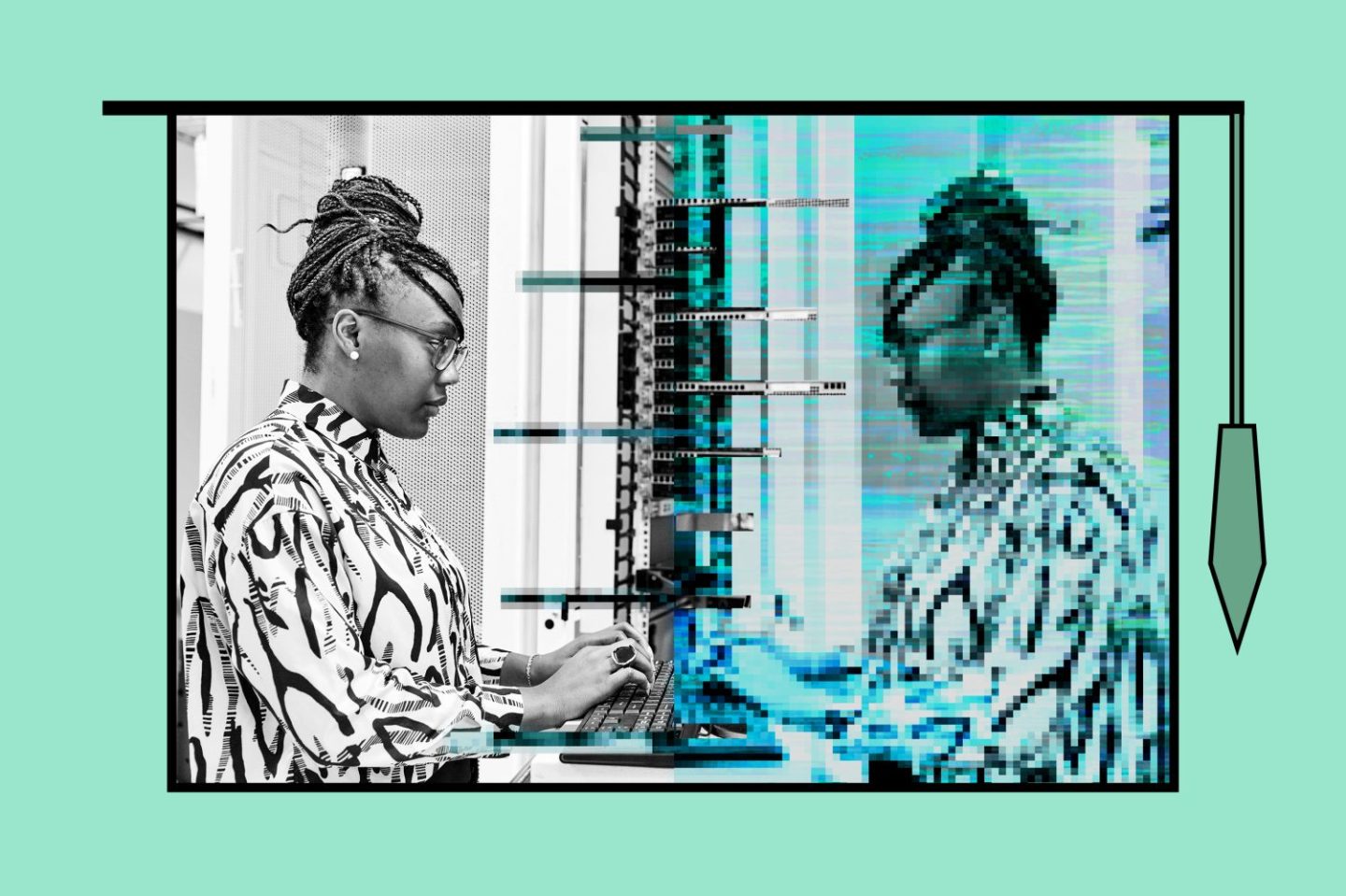 A woman working at her computer next to a mirror image of the same woman that appears digital and pixelated, all inside a frame of a graduation cap icon.