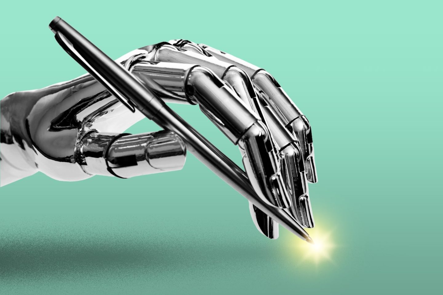 Photo of a robotic hand holding a pen, where the pen touches the ground there is a yellow glow and sparkle