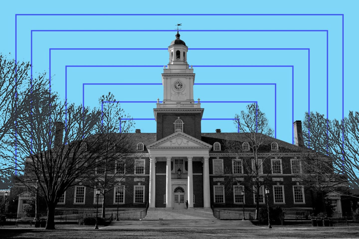 An image of Johns Hopkins University over a blue background with a repeated dark blue rectangle getting smaller toward the center.