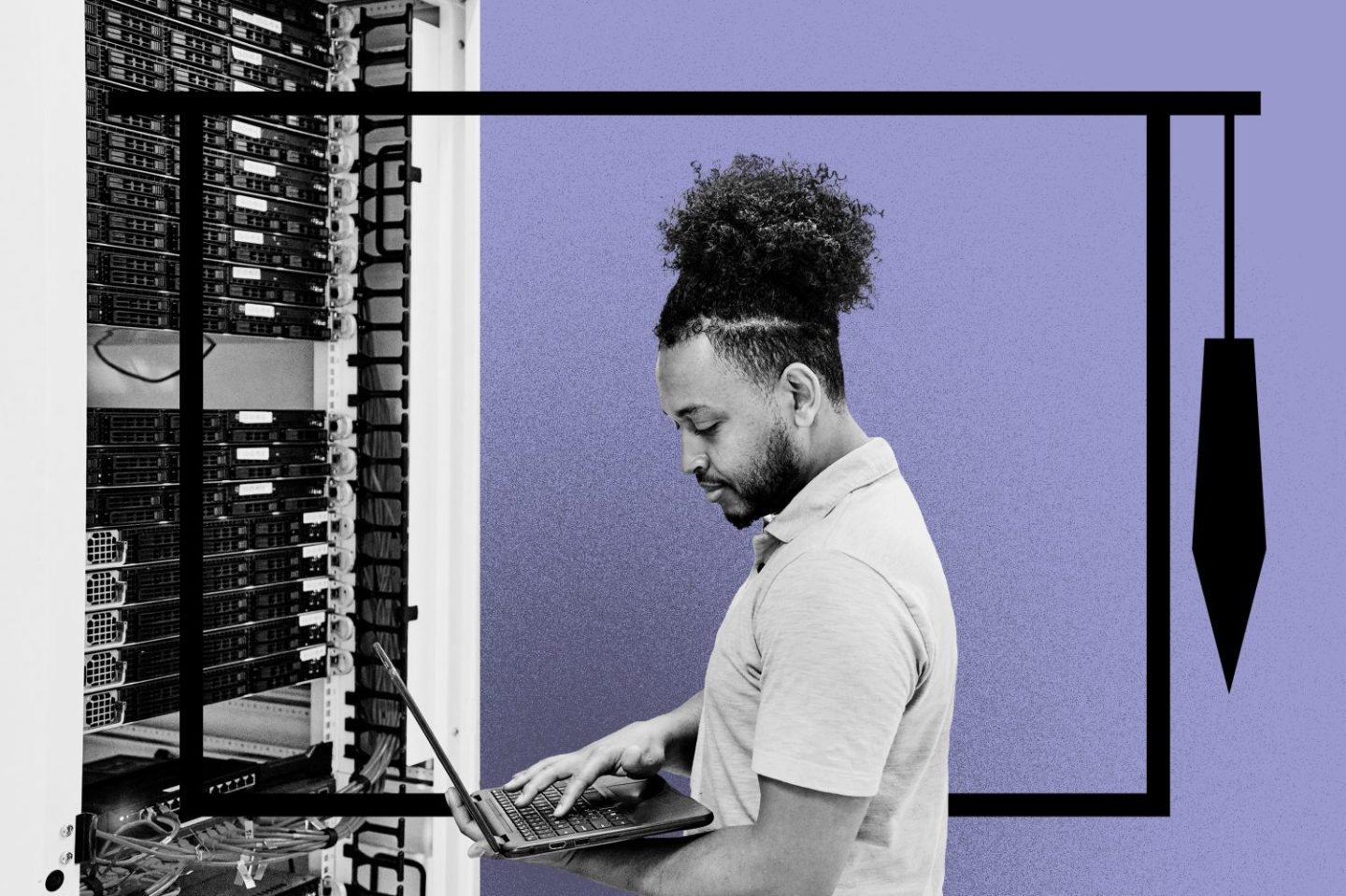 Photo illustration of a man working at a laptop in front of a cybersecurity system, framed by an icon of a graduation cap.