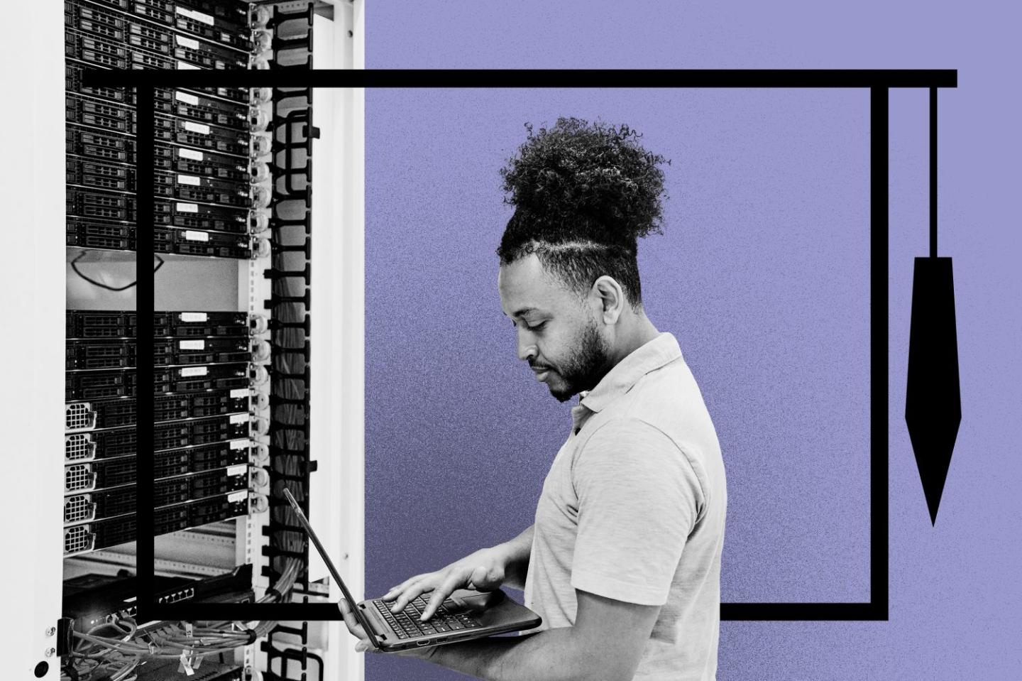 Photo illustration of a man working at a laptop in front of a cybersecurity system, framed by an icon of a graduation cap.