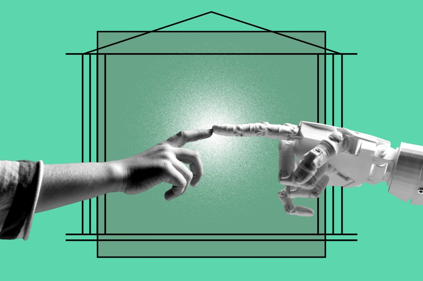 Photo illustration of a human hand and robot hand connecting at the index fingers over the icon of a university.