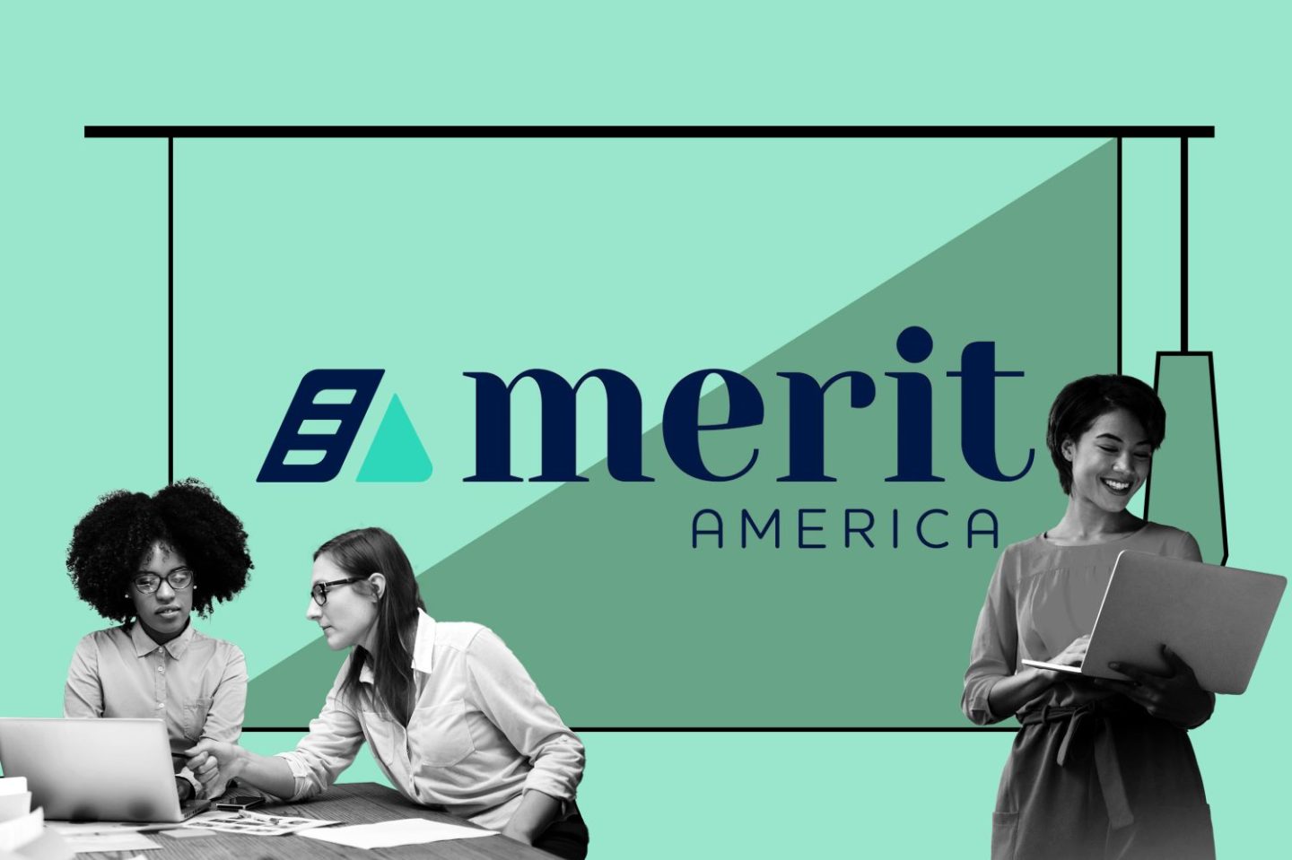 Two young women collaborating at a laptop while seated at a desk against a mint reen backdrop that says Merit America.