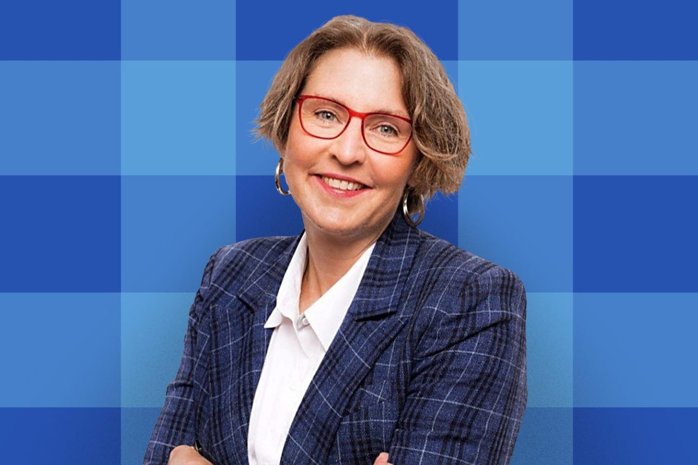 Photo of Lisa from the National Cybersecurity Alliance over a blue plaid background.