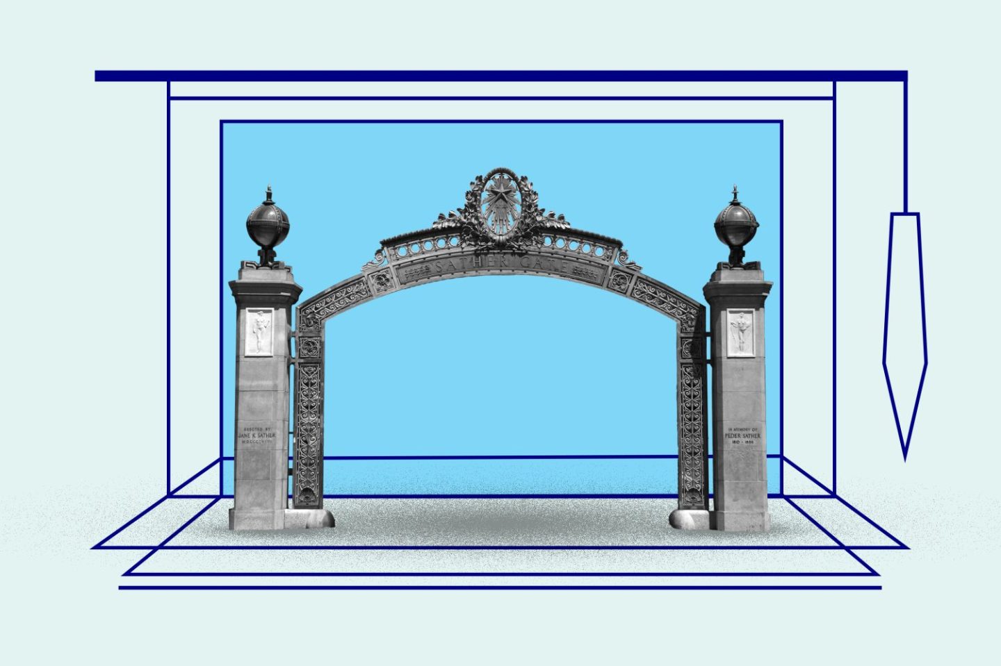 Photo illustration of the UC Berkeley entry arch over an icon of a laptop with a grad cap tassle.