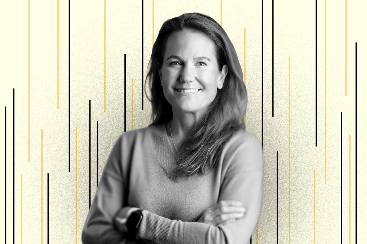 Unity VP, Jessica Lindl, over a background of black and gold lines.