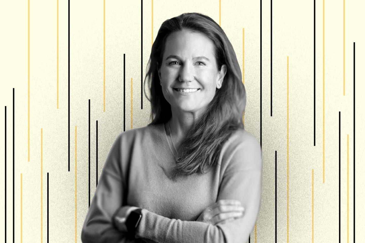 Unity VP, Jessica Lindl, over a background of black and gold lines.