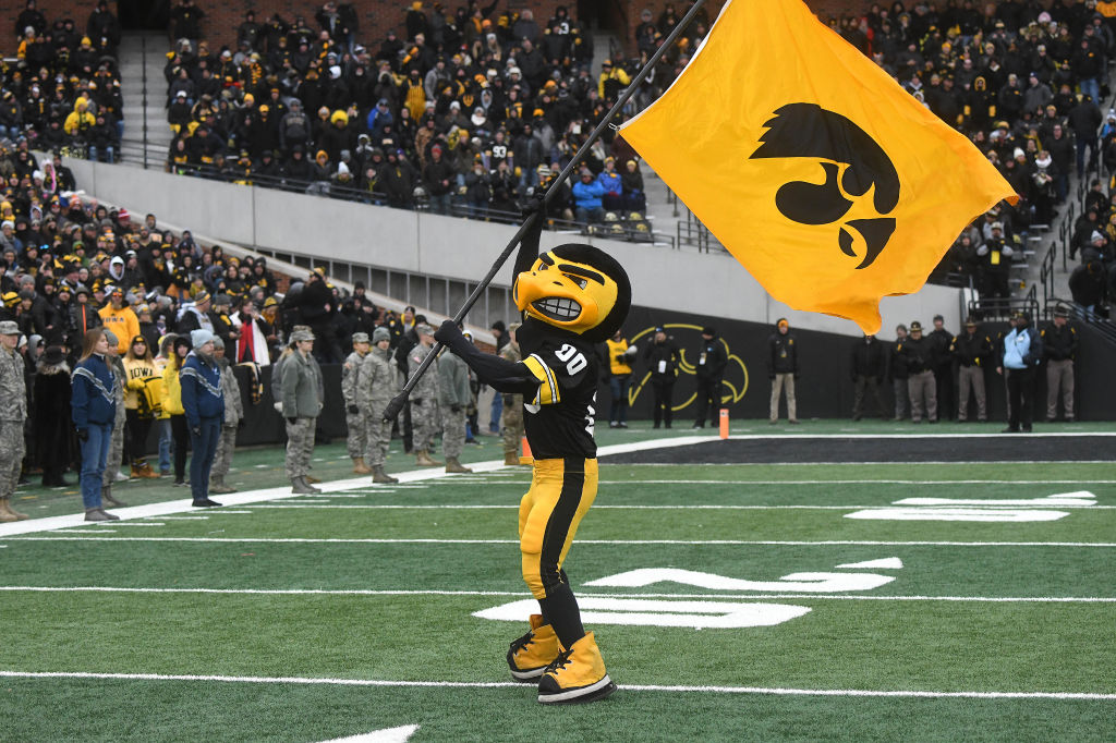 The Iowa Hawkeyes mascot, Herky, as seen before a Big Ten Conference football game between the Northwestern Wildcats and the Iowa Hawkeyes, as seen in November 2018. (Photo by Keith Gillett—Icon Sportswire/Getty Images)