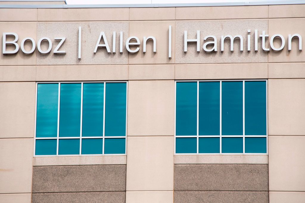 The Booz Allen Hamilton logo is seen on a building in Annapolis Junction, Maryland, as seen in March 2019. (JIM WATSON—AFP/Getty Images)