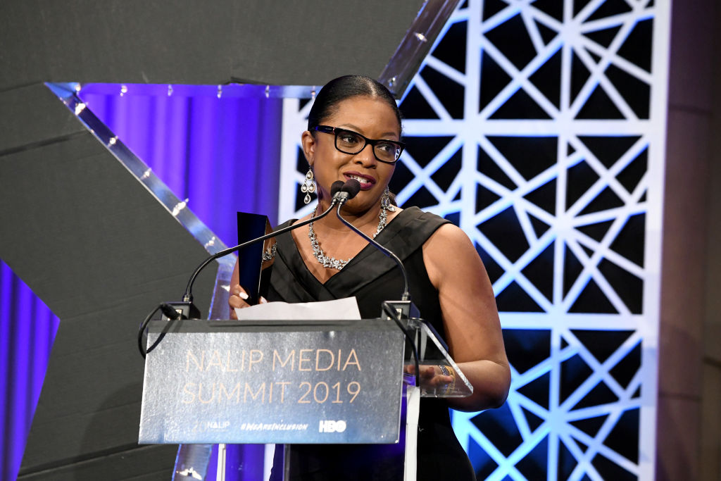 Sylvia Bugg accepts the Lisa Quiroz Media Advancement Award during the NALIP Media Summit's Latino Media Awards in July 2019. (Photo by Michael Kovac—Getty Images for NALIP)