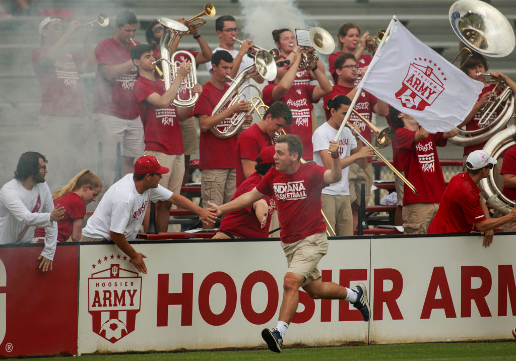 An Indiana University fan celebrates after Victor Bezerra’s scoring a goal during a football match between Indiana University and UCLA at Armstrong Stadium in Bloomington, as seen in September 2019. (Final score: Indiana University 2—UCLA 1). (Photo by Jeremy Hogan/SOPA Images/LightRocket via Getty Images)