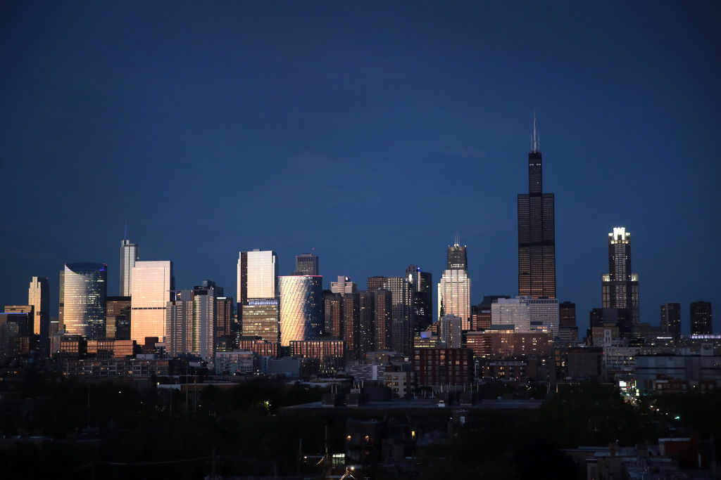 The Willis Tower rises above the downtown skyline, as seen in May 2020 in Chicago, Illinois. (Photo by Scott Olson/Getty Images)