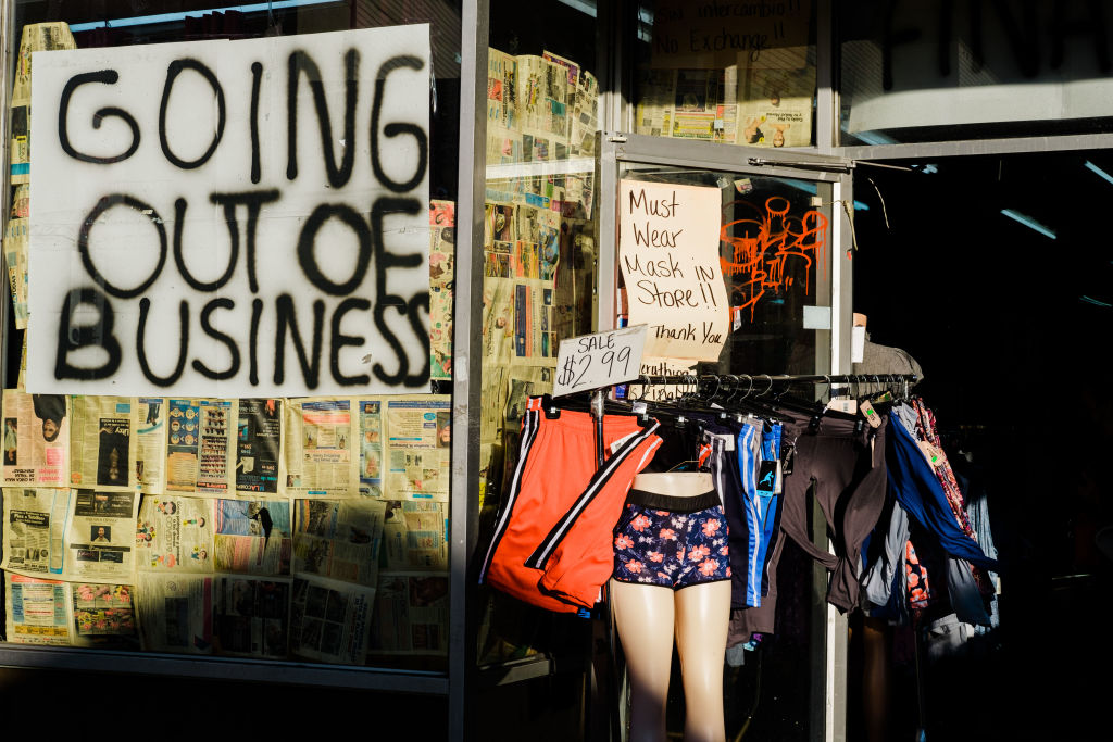 A “Going Out of Business”” sign outside a store in Union City, N.J., as seen in March 2021. (Photographer: Gabriela Bhaskar—Bloomberg/Getty Images)