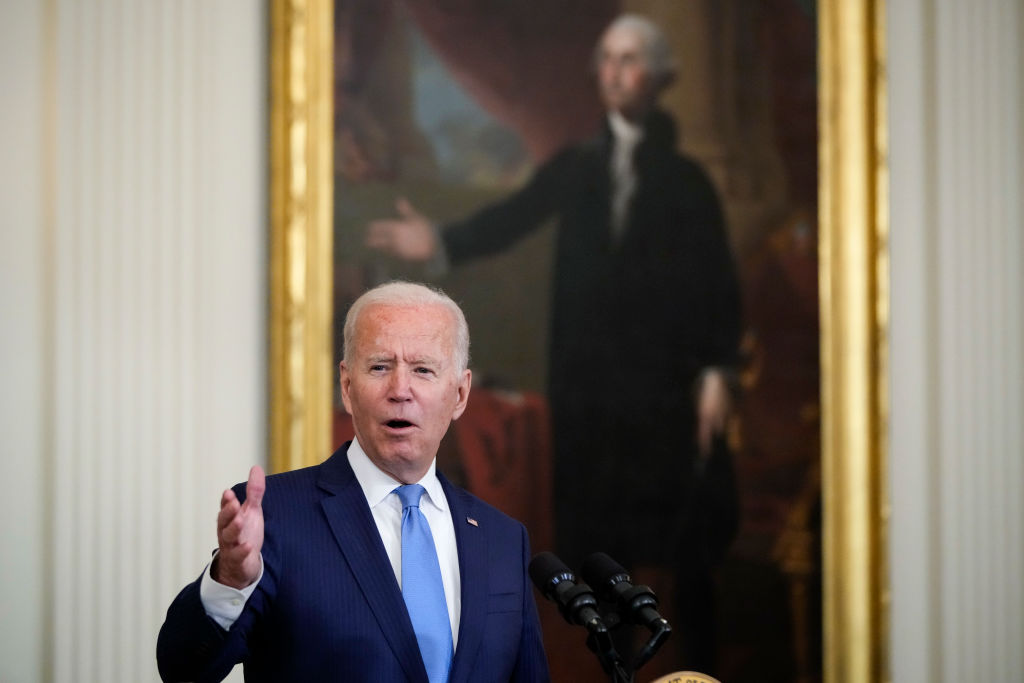 U.S. President Joe Biden speaks during an event to honor the 2020 WNBA champions Seattle Storm, as seen in August 2021. (Photo by Drew Angerer—Getty Images)