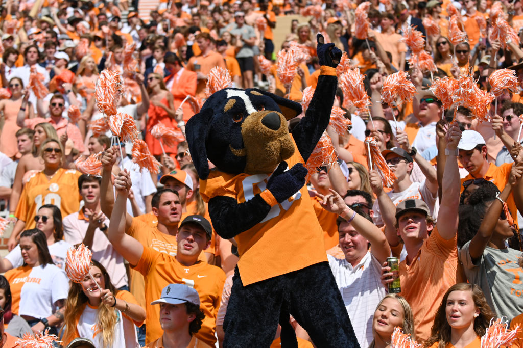 Tennessee mascot, Smokey, performs with students during the NCAA football game between the Pittsburgh Panthers and the Tennessee Volunteers, as seen in September 2021. (Photo by Kevin Langley—Icon Sportswire/Getty Images)