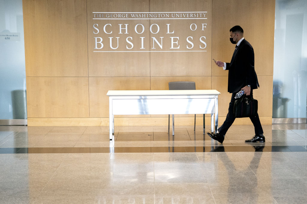 A student after an MBA class at the George Washington University School of Business in Washington, D.C., as seen in September 2021.(Photographer: Stefani Reynolds—Bloomberg/Getty Images)