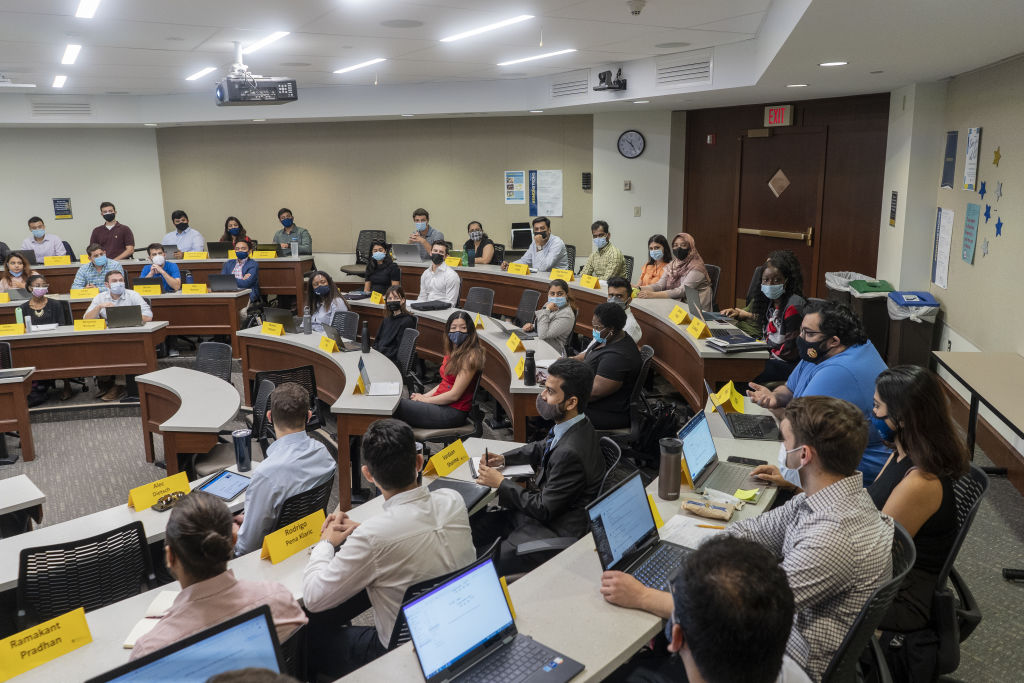 Students during a class at Gleason Hall of the Simon Business School at the University of Rochester in Rochester, New York, as seen in September 2021. (Photographer: Libby March—Bloomberg/Getty Images)