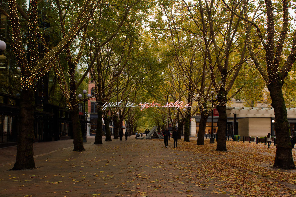 Occidental Square public park in the Pioneer Square district of Seattle, as seen in October 2021. (Photographer: Chona Kasinger—Bloomberg/Getty Images)
