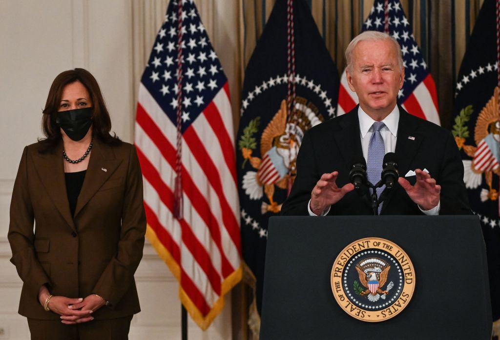 U.S. President Joe Biden delivers remarks on the passage of the Bipartisan Infrastructure Deal and the rule that will allow the passage of the Build Back Better Act as U.S. Vice President Kamala Harris looks on, as seen in November 2021. (Photo by ROBERTO SCHMIDT—AFP/Getty Images)