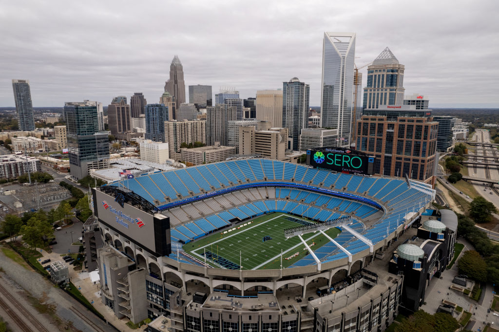 The Bank of America Stadium and downtown Charlotte skyline, in November 2021.