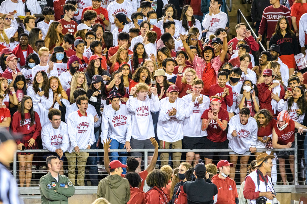Stanford Cardinal students fill the bleachers for the big rivalry game between the Cal Golden Bears and the Stanford Cardinal, as seen in November 2021 at Stanford Stadium in Palo Alto. (Photo by Douglas Stringer—Icon Sportswire/Getty Images)