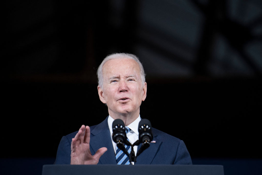 U.S. President Joe Biden speaks about the Bipartisan Infrastructure Law, as seen in February 2022, at The Shipyards in Lorain, Ohio. (Photo by Brendan Smialowski—AFP/Getty Images)
