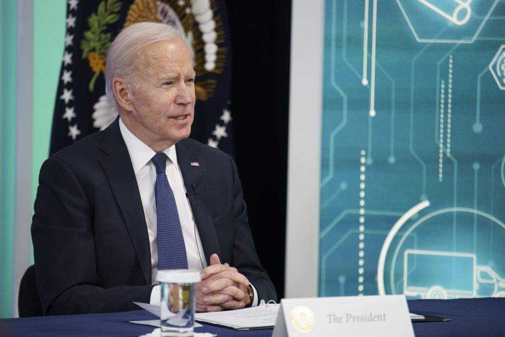 U.S. President Joe Biden speaks while meeting with business leaders and governors in the Eisenhower Executive Office Building in Washington, D.C., U.S., as seen in March 2022. (Photographer: Ting Shen—Bloomberg/Getty Images)