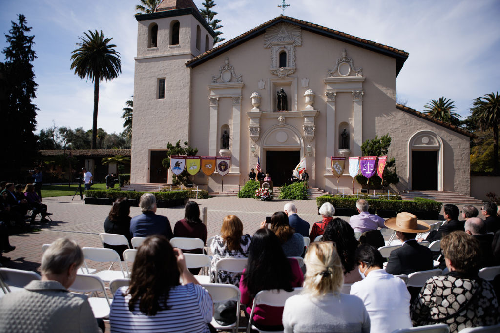 Guests and students participate in an announcement ceremony for Julie Sullivan, incoming president of Santa Clara University, as seen in March 2022, in Santa Clara, Calif. (Photo by Dai Sugano—MediaNews Group/The Mercury News/Getty Images)