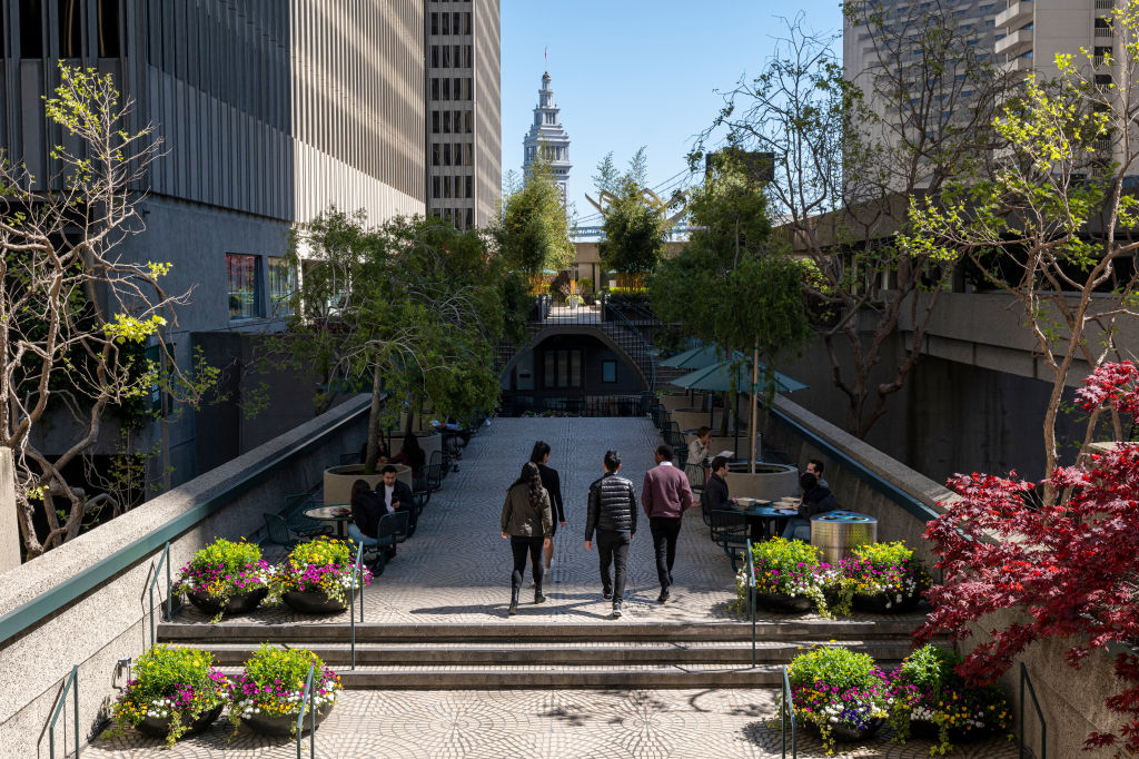 Pedestrians on The Embarcadero Center in San Francisco, California, as seen in March 2022. (Photographer: David Paul Morris—Bloomberg/Getty Images)
