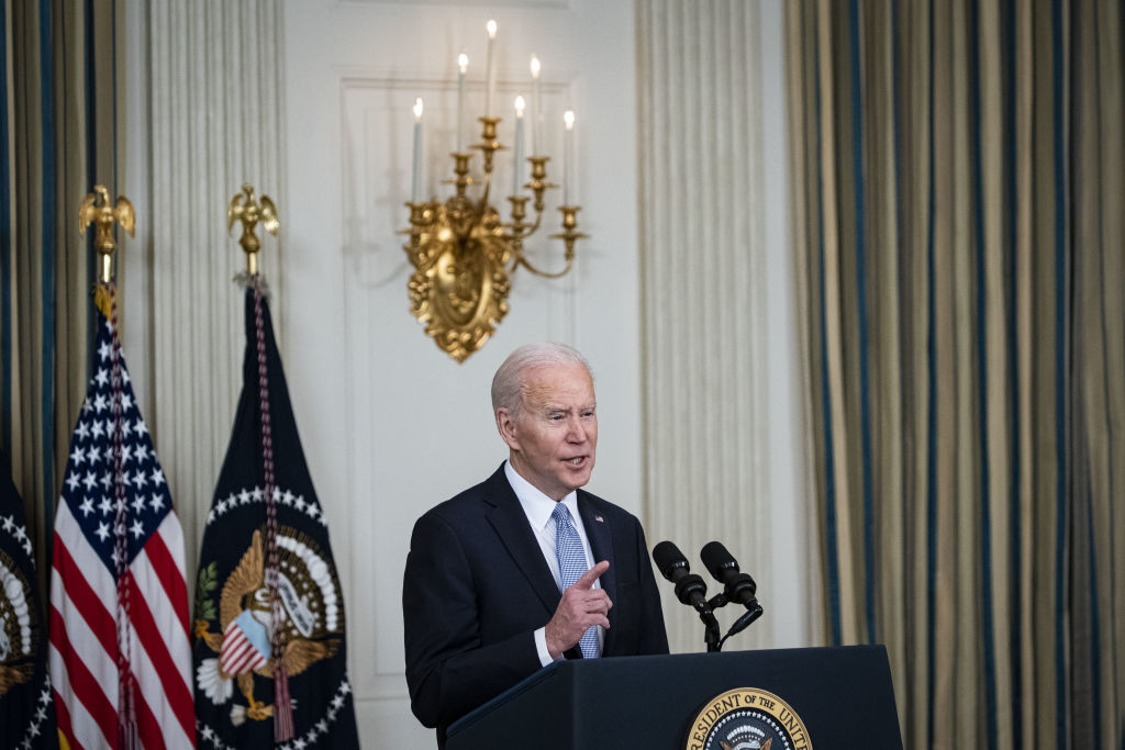 U.S. President Joe Biden speaks on the March jobs report in the State Dining Room of the White House in Washington, D.C., U.S., as seen in April 2022. (Photographer: Al Drago—Bloomberg/Getty Images)