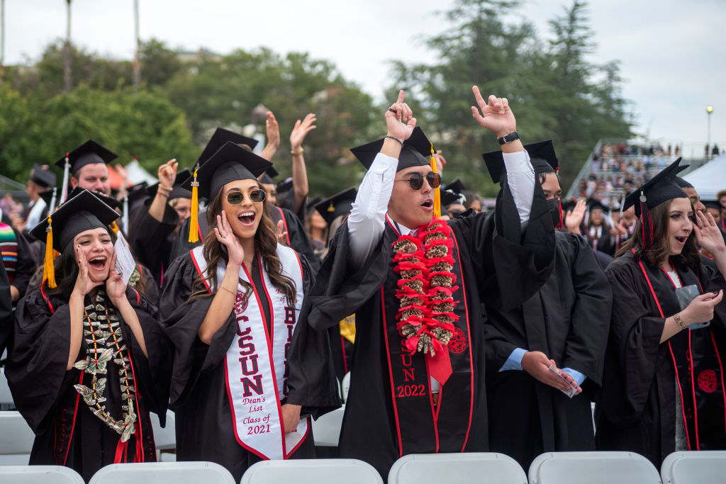 Graduates during commencement ceremonies for Cal State University Northridge, as seen in May 2022.(Photo by Hans Gutknecht—MediaNews Group/Los Angeles Daily News/Getty Images)