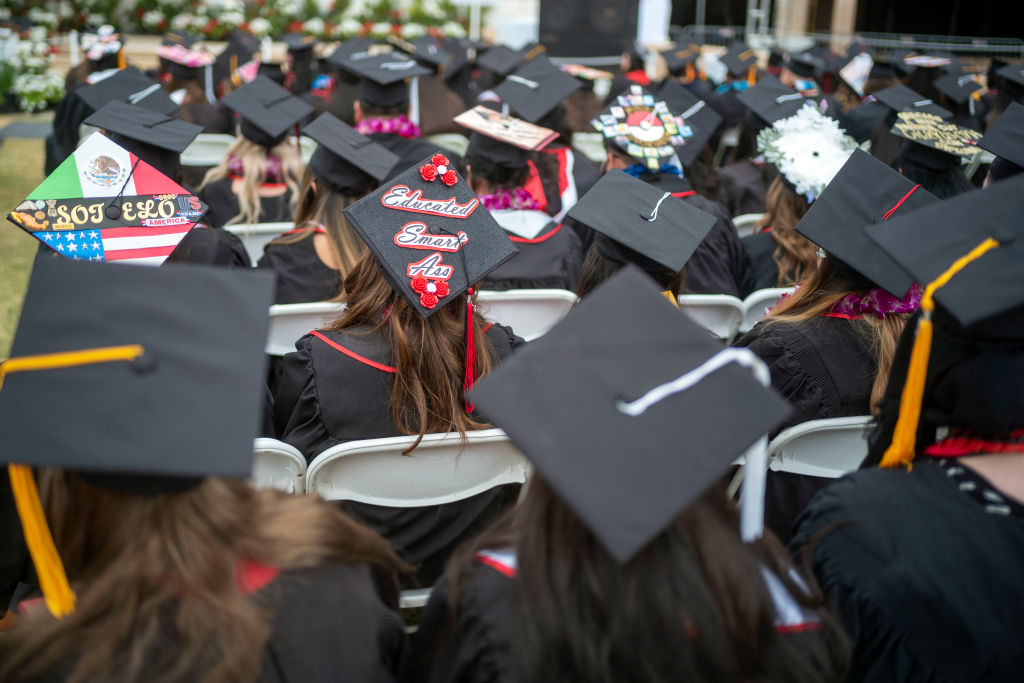 Decorative mortarboards during commencement ceremonies for Cal State University Northridge, as seen in May 2022. (Photo by Hans Gutknecht—MediaNews Group/Los Angeles Daily News/Getty Images)