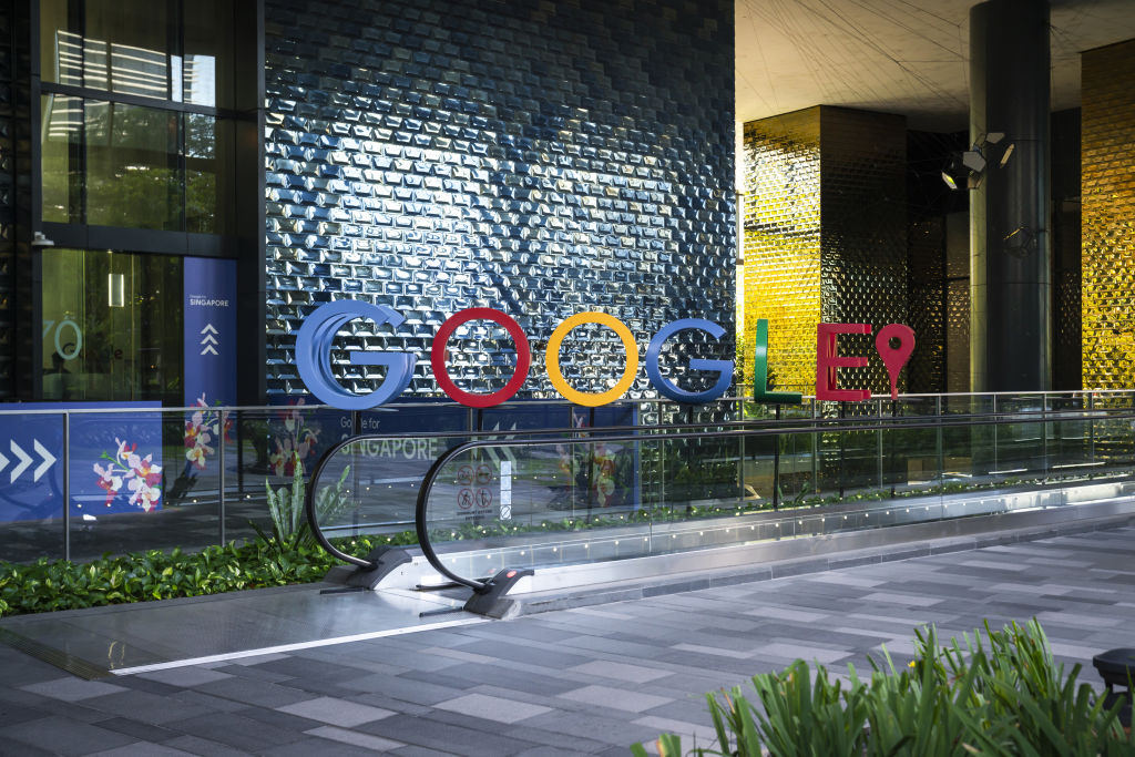 The company signage at the Asia-Pacific headquarters of Google in Singapore, as seen in August 2022. (Photographer: Lauryn Ishak—Bloomberg/Getty Images)