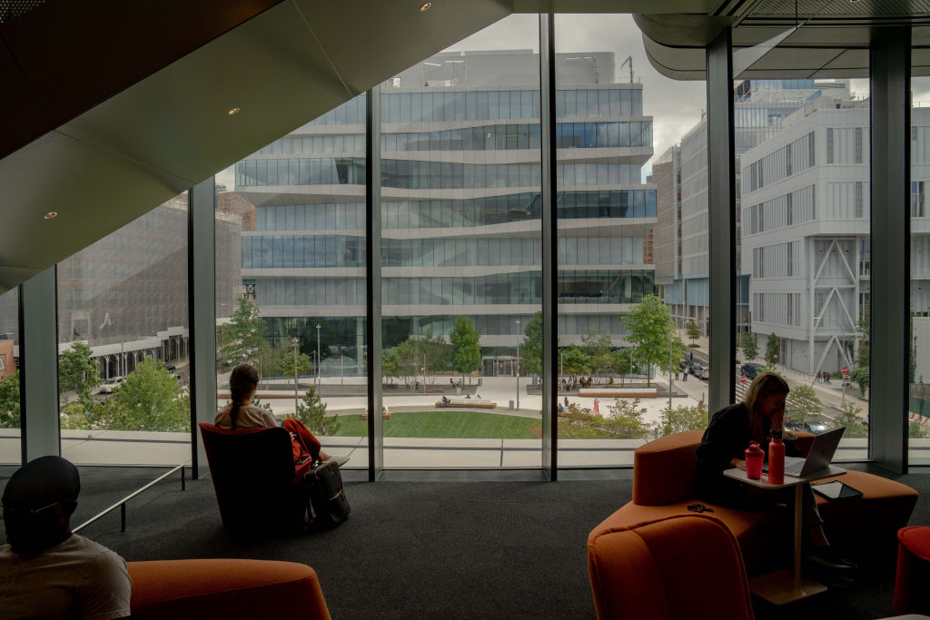 Students in a common area inside Henry R. Kravis Hall at the Columbia Business School campus in New York, as seen in September 2022. (Photographer: Amir Hamja—Bloomberg/Getty Images)