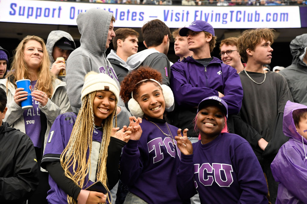 TCU fans celebrate vs. Iowa State at Amon G. Carter Stadium in Fort Worth, as seen in November 2022. (Photo by Greg Nelson—Sports Illustrated/Getty Images)