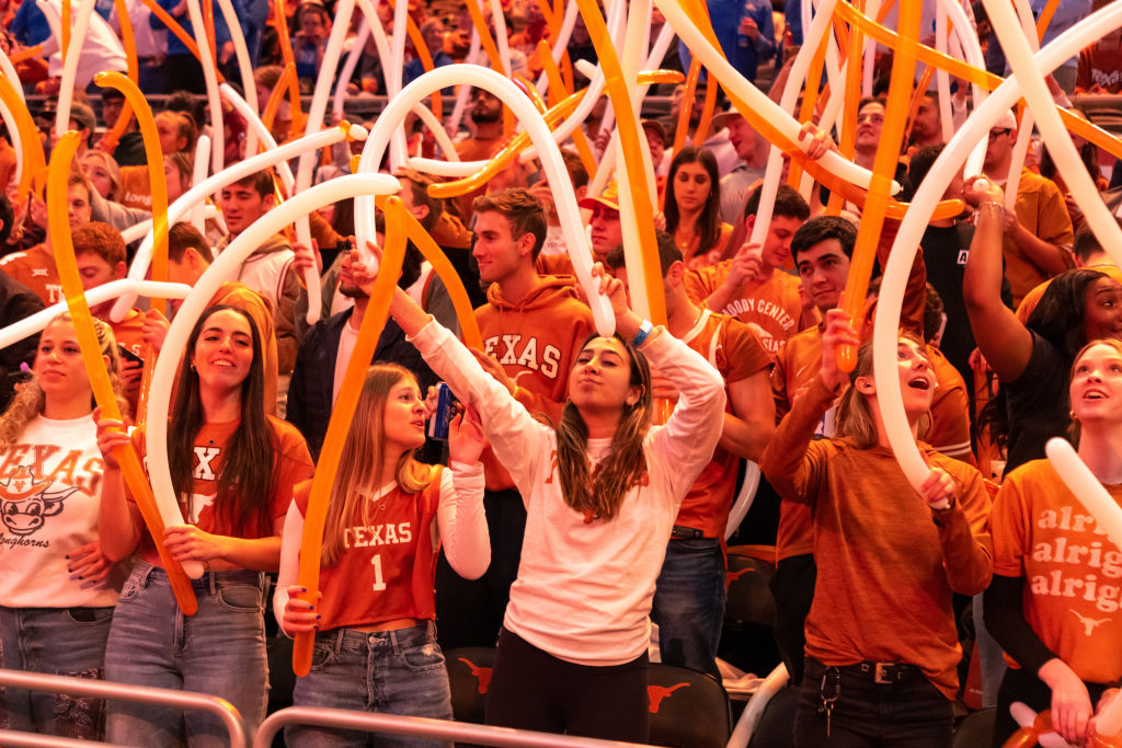 Student fans wave balloons prior to the start of the game between the Texas Longhorns and the Creighton Bluejays, as seen in December 2022 in Austin, Texas. (Photo by David Buono—Icon Sportswire/Getty Images)